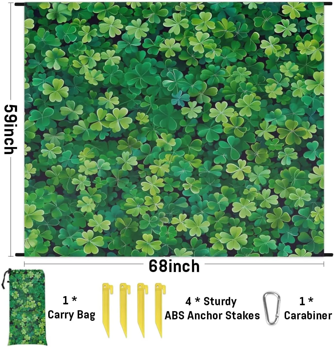 Happy St. Patrick's Day Beach Blanket, Sandproof Beach Mat, Adults Waterproof Quick Drying Sand Free Mat with 4 x Ground Spikes for Outdoor Travel Camping Hiking, Lucky Clover Leaves Shamrock