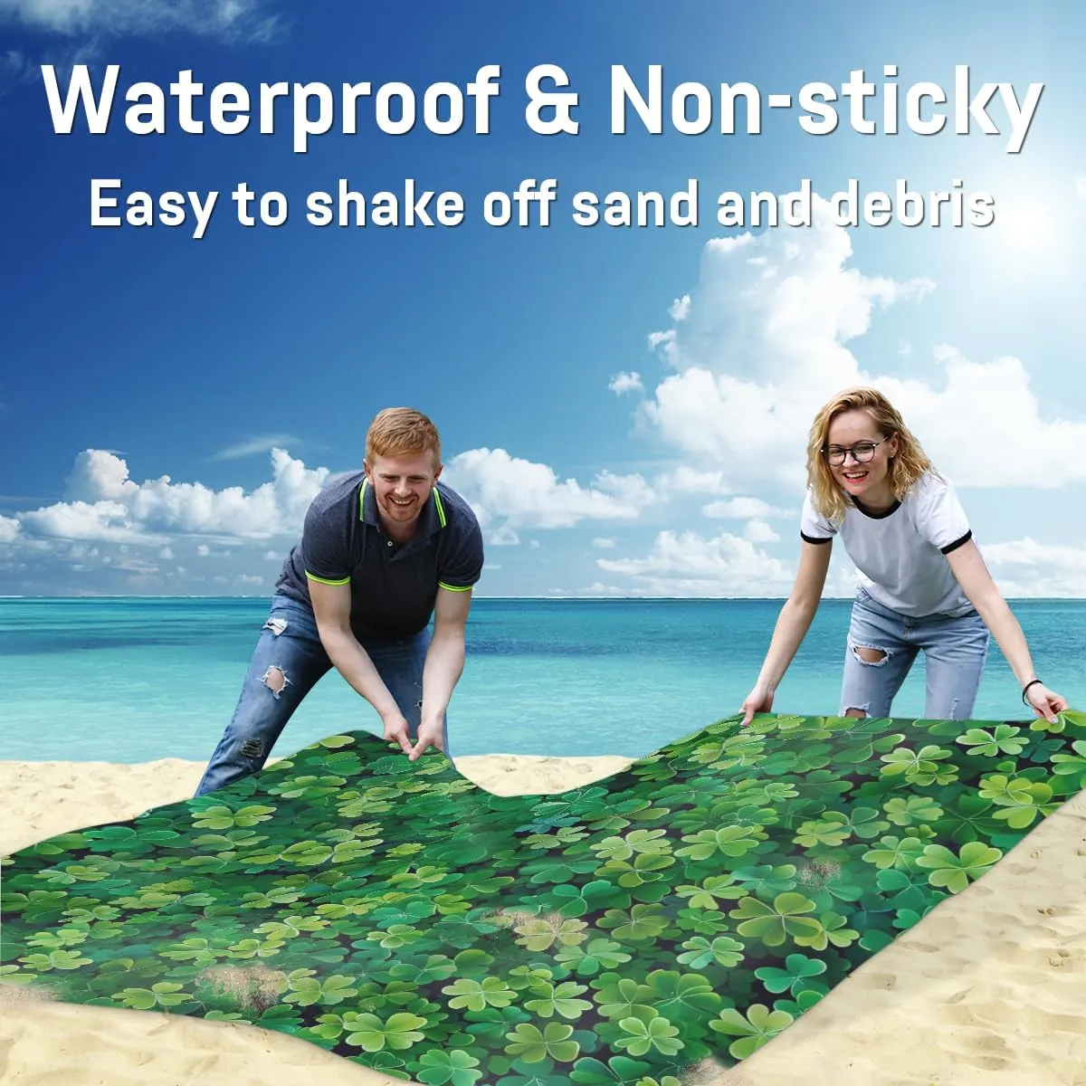 Happy St. Patrick's Day Beach Blanket, Sandproof Beach Mat, Adults Waterproof Quick Drying Sand Free Mat with 4 x Ground Spikes for Outdoor Travel Camping Hiking, Lucky Clover Leaves Shamrock