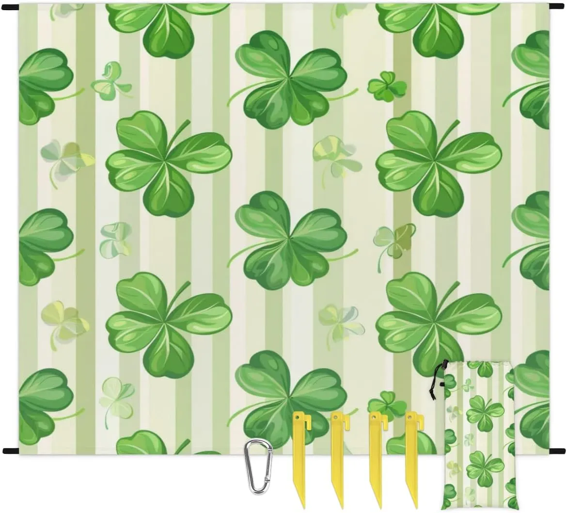 Happy St Patrick's Day Beach Blanket, Sandproof Beach Mat, Adults Waterproof Quick Drying Sand Free Mat with 4 x Ground Spikes for Outdoor Travel Camping Hiking, Spring Green Shamrocks