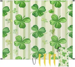 Happy St Patrick's Day Beach Blanket, Sandproof Beach Mat, Adults Waterproof Quick Drying Sand Free Mat with 4 x Ground Spikes for Outdoor Travel Camping Hiking, Spring Green Shamrocks