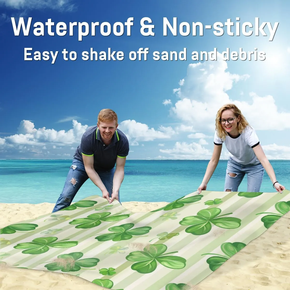 Happy St Patrick's Day Beach Blanket, Sandproof Beach Mat, Adults Waterproof Quick Drying Sand Free Mat with 4 x Ground Spikes for Outdoor Travel Camping Hiking, Spring Green Shamrocks