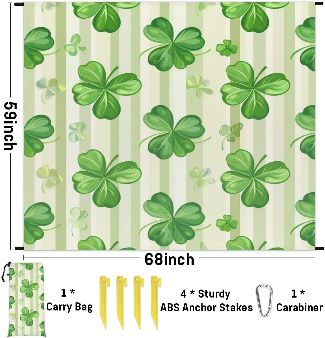 Happy St Patrick's Day Beach Blanket, Sandproof Beach Mat, Adults Waterproof Quick Drying Sand Free Mat with 4 x Ground Spikes for Outdoor Travel Camping Hiking, Spring Green Shamrocks
