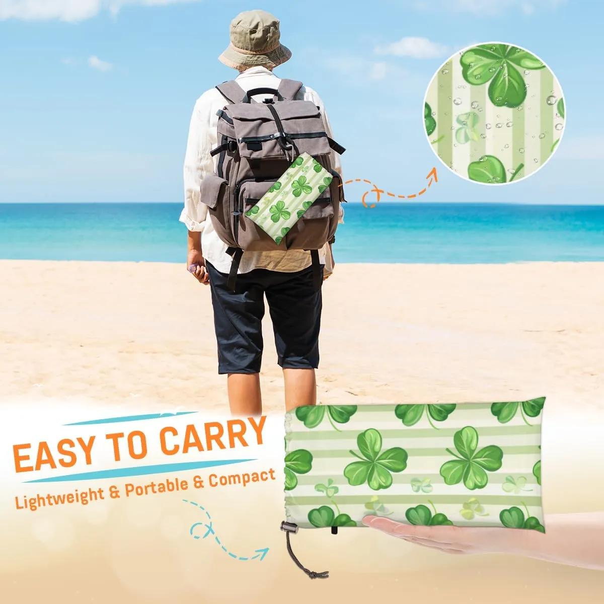 Happy St Patrick's Day Beach Blanket, Sandproof Beach Mat, Adults Waterproof Quick Drying Sand Free Mat with 4 x Ground Spikes for Outdoor Travel Camping Hiking, Spring Green Shamrocks