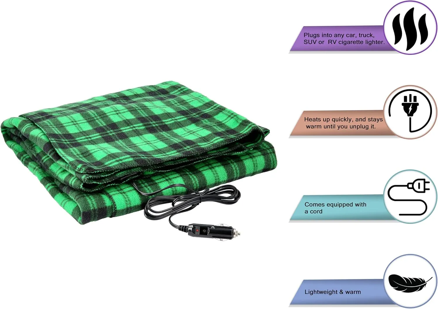 Heated Blanket - 12-Volt Electric Blanket for Car, Truck, SUV, or RV - Portable Winter Car Accessories for Camping or Travel by Stalwart (Green Plaid)