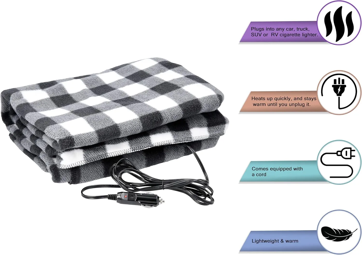 Heated Car Blanket - 12-Volt Electric Blanket for Car, Truck, SUV, or RV - Portable Heated Throw - Camping Essentials by Stalwart (Black Plaid)