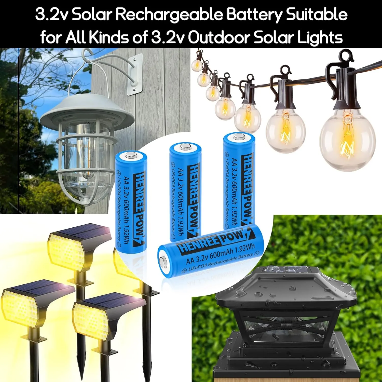 Henreepow AA 3.2v Solar Rechargeable Batteries, LiFePo4 Double A 600mAh 3.2v 1.92wh Solar Battery, 3.2v Rechargeable Batteries for Solar Lights, Wall Lantern, Solar Post Lights（AA-3.2v-6pack）