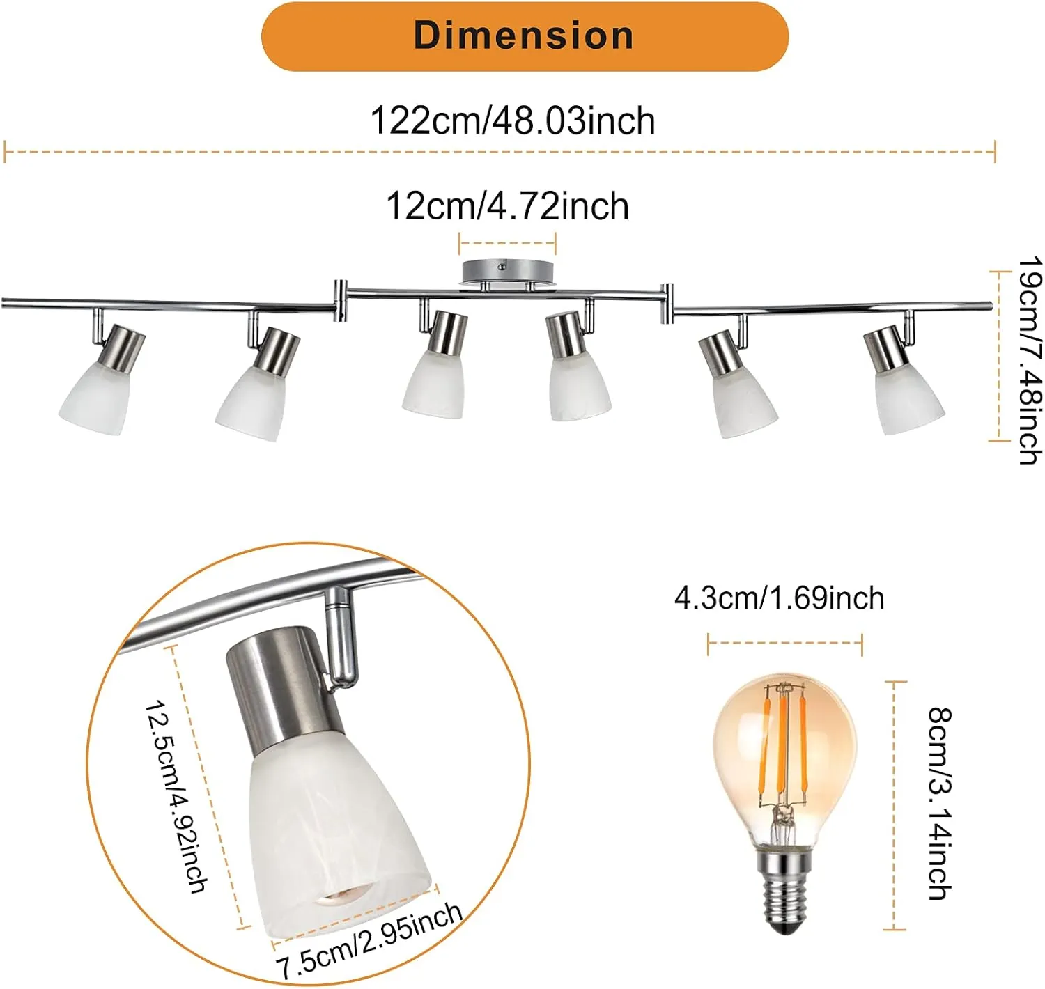HiBay Adjustable Ceiling Track Lighting 6-Light, Directional LED Spot Light Fixtures with Glass Lampshade White, Foldable Spotlight for Kitchen Living Room Bedroom Hallway (E12 LED Bulbs Included)