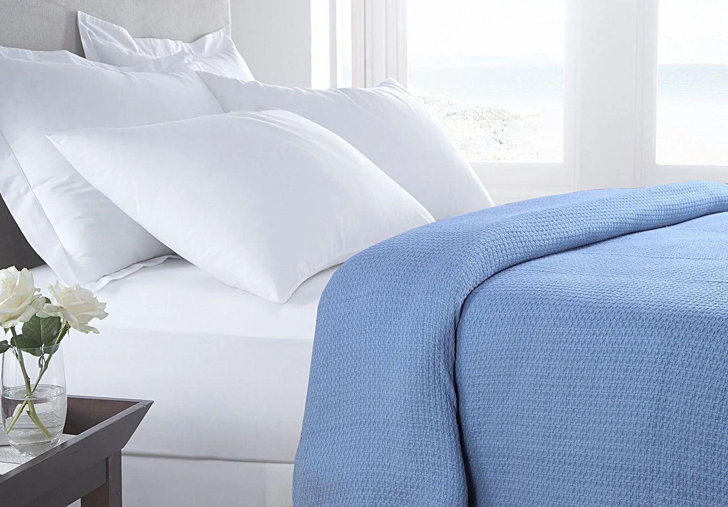 HILLFAIR 100% Soft Premium Combed Cotton Thermal Queen Blanket - Cozy Warm Bed Throw for All Seasons - Blue