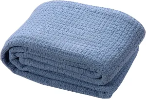 HILLFAIR 100% Soft Premium Combed Cotton Thermal Queen Blanket - Cozy Warm Bed Throw for All Seasons - Blue