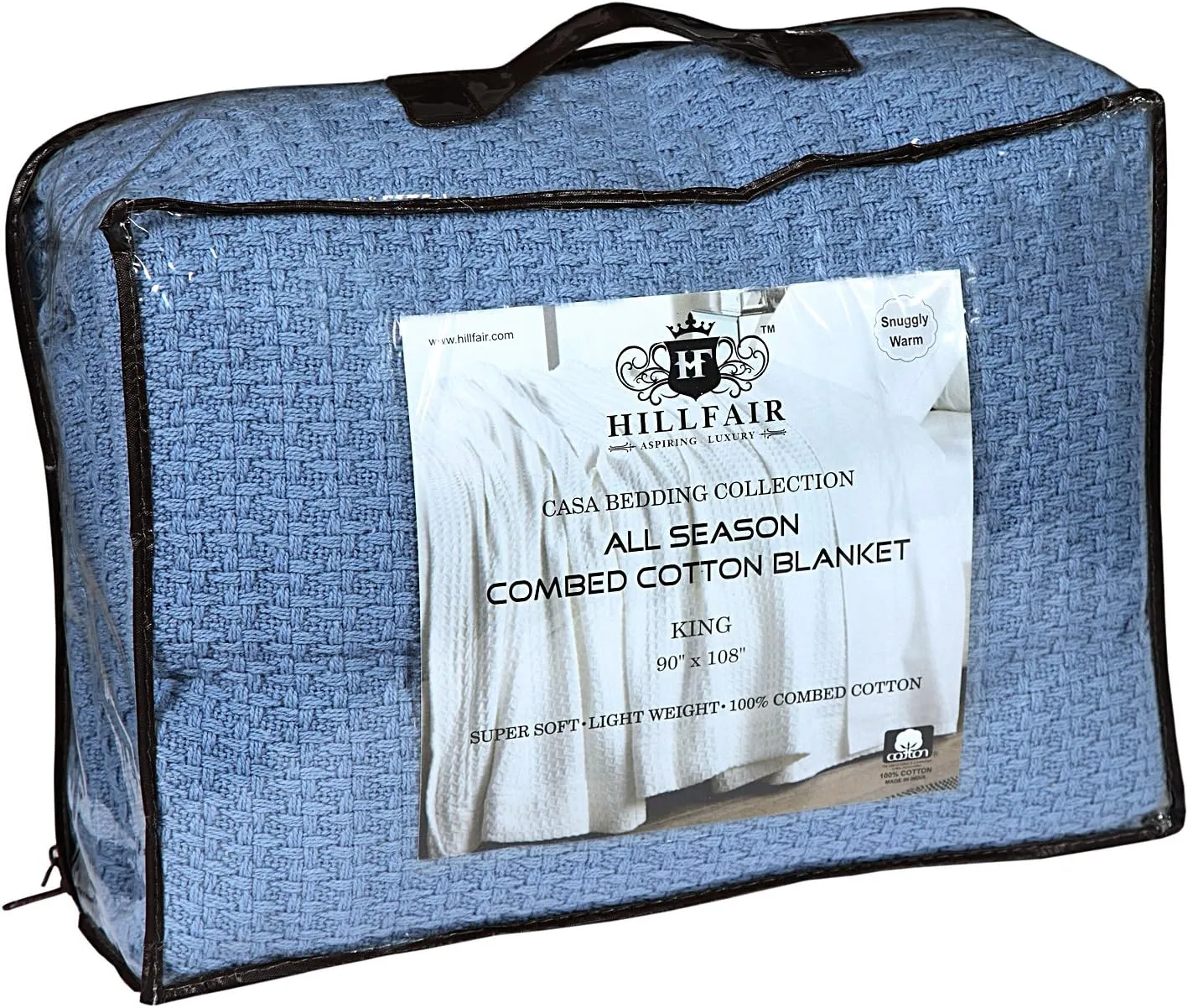HILLFAIR 100% Soft Premium Combed Cotton Thermal Queen Blanket - Cozy Warm Bed Throw for All Seasons - Blue