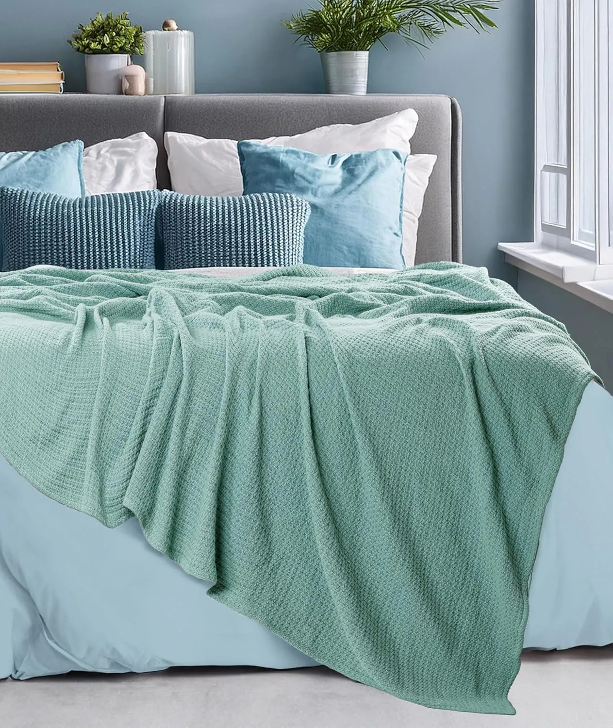 HILLFAIR 100% Soft Premium Combed Cotton Thermal Queen Blankets– Soft Cozy Warm Cotton Bed Throw Blanket– All Season Blanket– Sage Queen