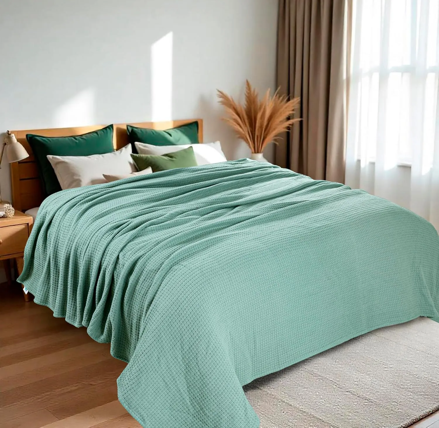 HILLFAIR 100% Soft Premium Combed Cotton Thermal Queen Blankets– Soft Cozy Warm Cotton Bed Throw Blanket– All Season Blanket– Sage Queen