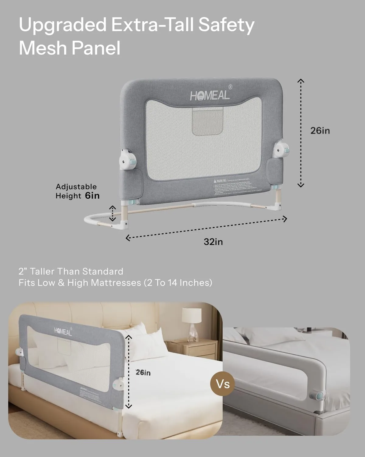 HOMEAL Bed Rail for Toddlers，32" x 26" Grey, Foldable Tall Baby Bed Rail Guard for Easy Use and Storage, U-Shaped Base Width Increased by 4", Suitable for Twin, Full, Queen, King Size Bed