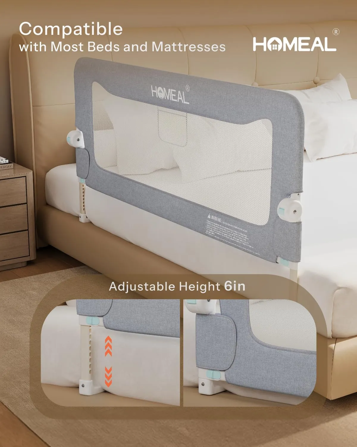 HOMEAL Bed Rail for Toddlers，32" x 26" Grey, Foldable Tall Baby Bed Rail Guard for Easy Use and Storage, U-Shaped Base Width Increased by 4", Suitable for Twin, Full, Queen, King Size Bed