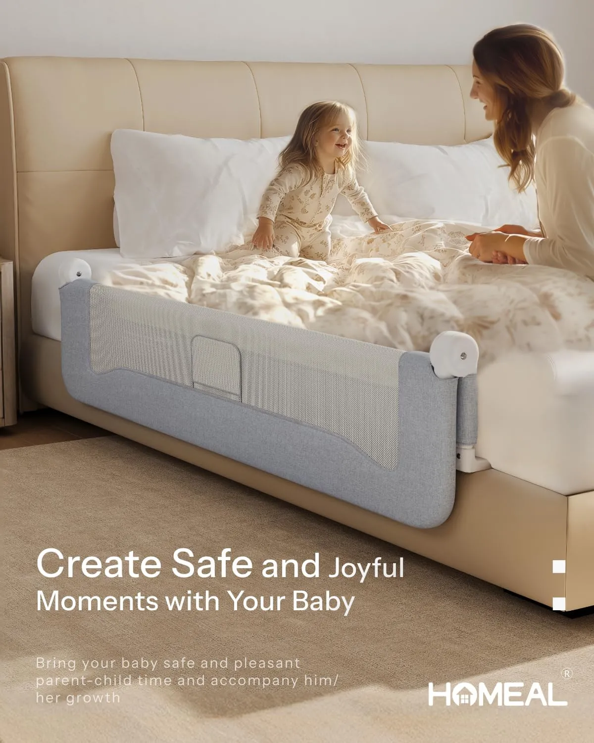 HOMEAL Bed Rail for Toddlers，32" x 26" Grey, Foldable Tall Baby Bed Rail Guard for Easy Use and Storage, U-Shaped Base Width Increased by 4", Suitable for Twin, Full, Queen, King Size Bed