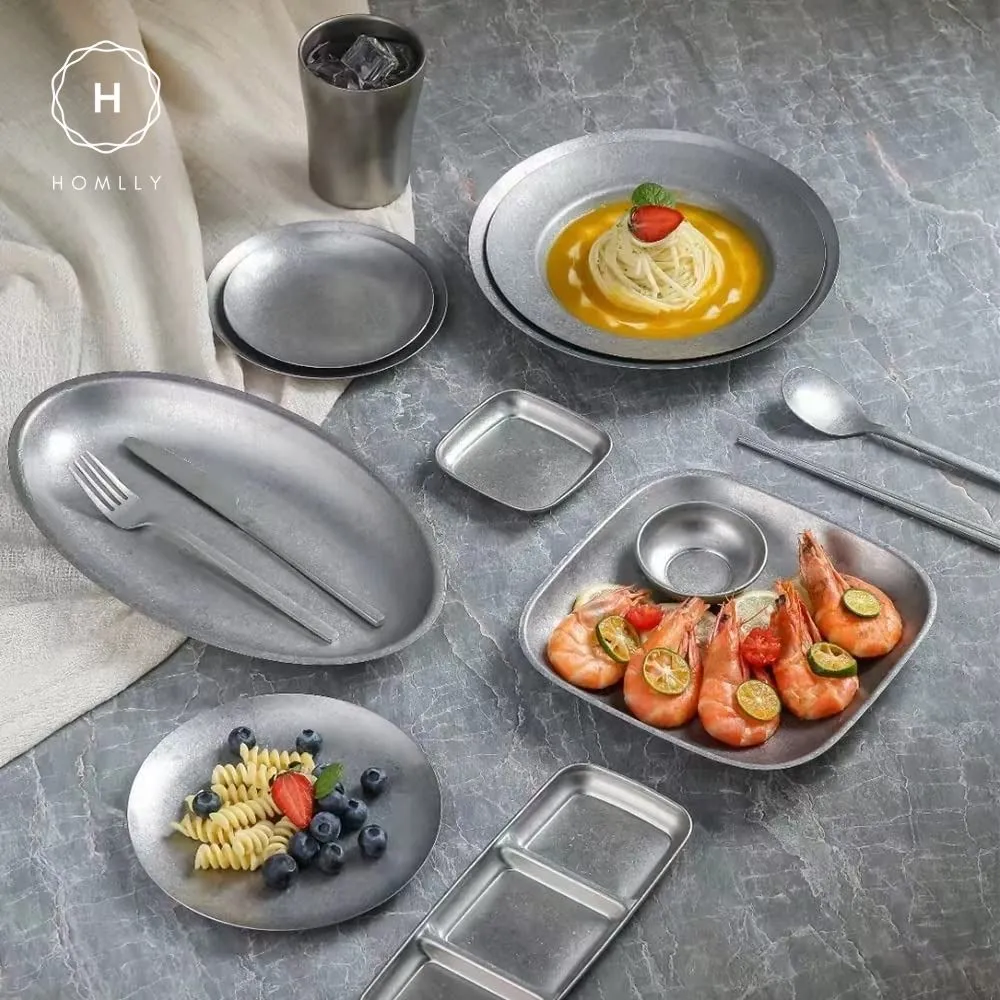 Homlly Tonii Flake Texture 304 Stainless Steel Dinner Salad Soup Plate