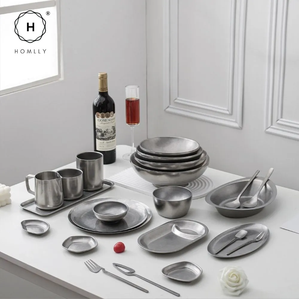 Homlly Tonii Flake Texture 304 Stainless Steel Dinner Salad Soup Plate