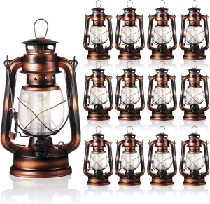 Hortsun 4 Pieces 8 Inch Vintage LED Hurricane Lantern 12 Warm LEDs and Dimmer Switch Battery Operated Farmers Hanging Lantern for Indoor Outdoor Camping Usage Decor