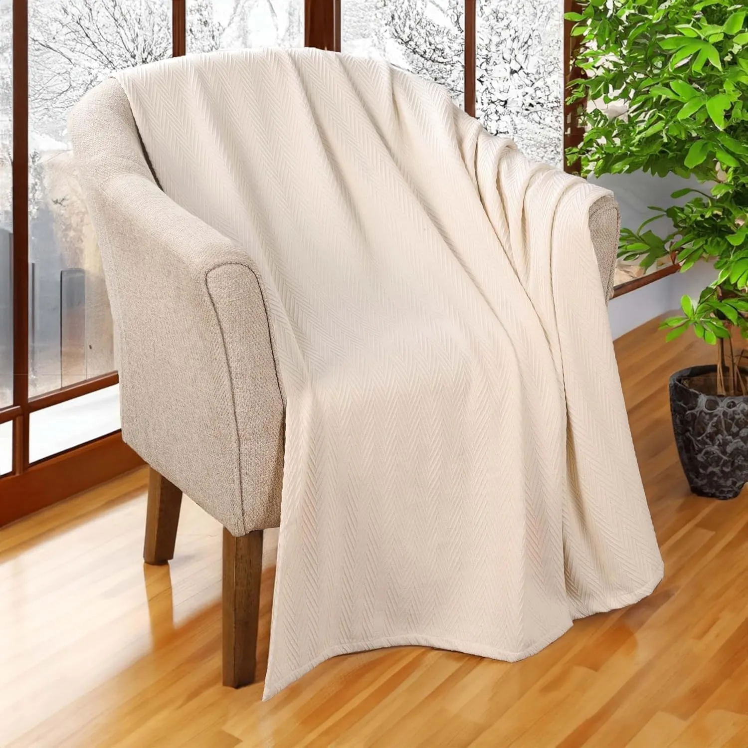 Hroo Collection Premium Thermal Blanket - All-Season Reversible Herringbone, Ultra-Soft and Warm, King, 108" x 90" - 100% Cotton