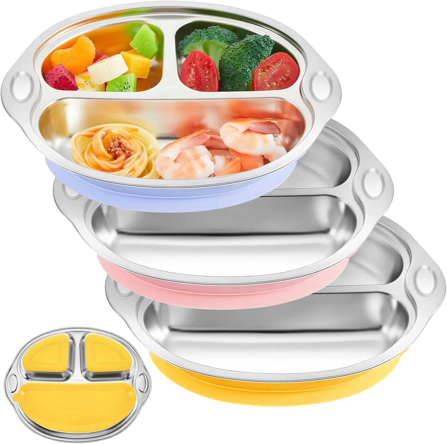 Hushee 3 Pcs Stainless Steel Suction Plates for Baby Divided Plates for Babies 3 Colors Toddler Baby Plates with Suction for Kids Feeding Supplies, Dishwasher Safe, 9.8 x 7.9 Inches