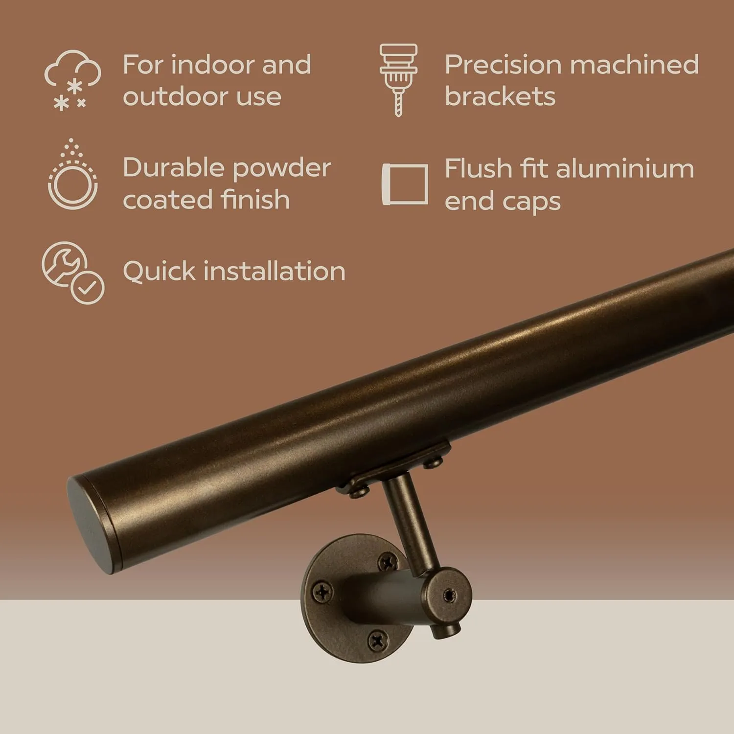 Industrial Aluminum 1.5 Inch Round Complete Indoor/Outdoor Straight Handrail Grab Bar Kit (Bronze, 10 Foot Handrail)