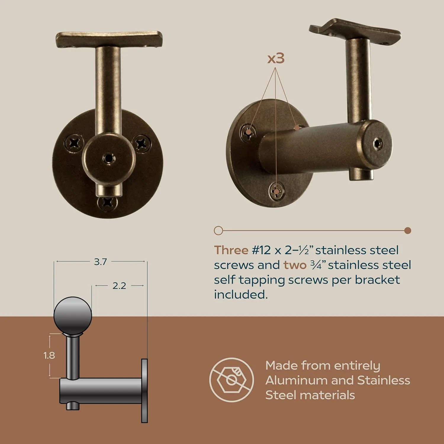 Industrial Aluminum 1.5 Inch Round Complete Indoor/Outdoor Straight Handrail Grab Bar Kit (Bronze, 10 Foot Handrail)