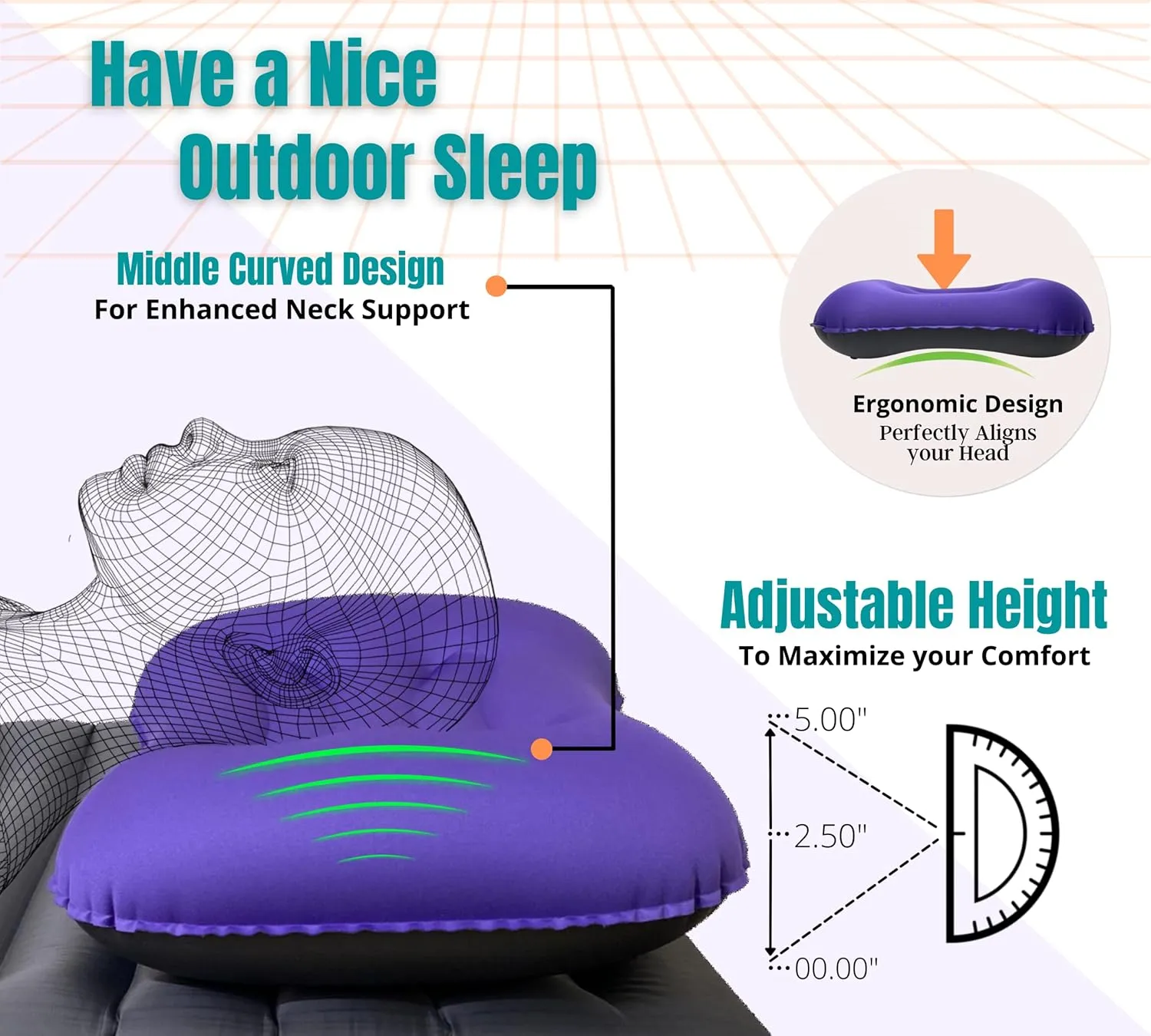 Inflatable Camping and Travel Pillows with Travel Bag- Water-Resistant-Compressible Air Pillow for Neck and Back Support-Packable Pillow for Camping-Hiking and Backpacking-Pack of 2-Purple