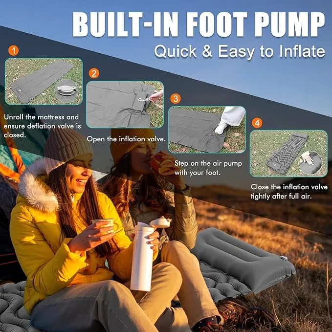 Inflatable Camping Sleeping Pad with Pillow, Compact Sleeping Mat with Built-in Foot Pump, Lightweight Camping Air Mattress for Backpacking Traveling Hiking Tent