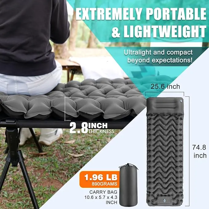 Inflatable Camping Sleeping Pad with Pillow, Compact Sleeping Mat with Built-in Foot Pump, Lightweight Camping Air Mattress for Backpacking Traveling Hiking Tent