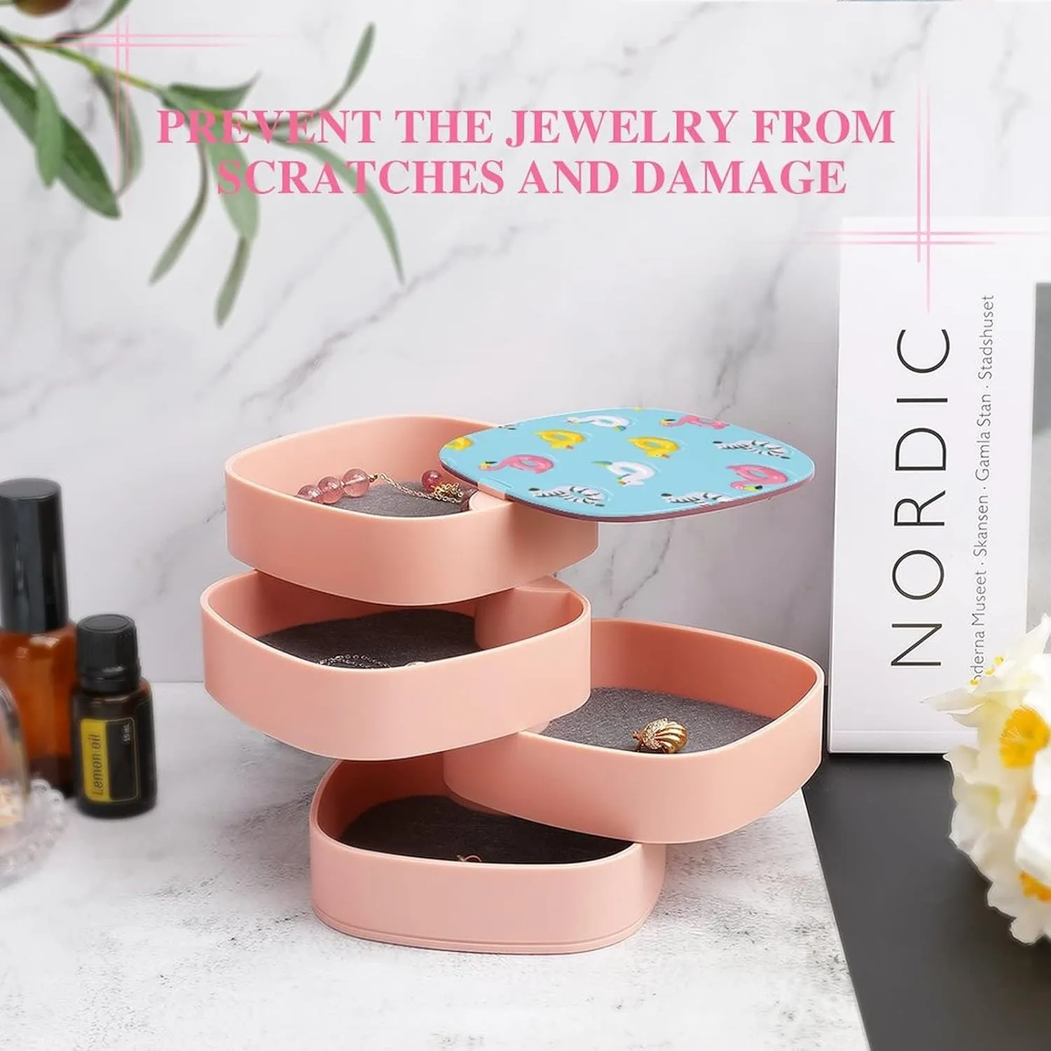 Inflatable Rubber Ducks Flamingos Unicorns Zebra on Turquoise Women Jewelry Box with Mirror, Storage Bag Case for Rings, Necklaces, Bracelets, 360 Degree Rotating 4-layer Tray with Lid