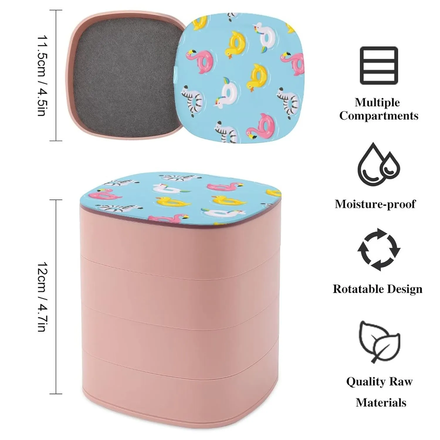 Inflatable Rubber Ducks Flamingos Unicorns Zebra on Turquoise Women Jewelry Box with Mirror, Storage Bag Case for Rings, Necklaces, Bracelets, 360 Degree Rotating 4-layer Tray with Lid