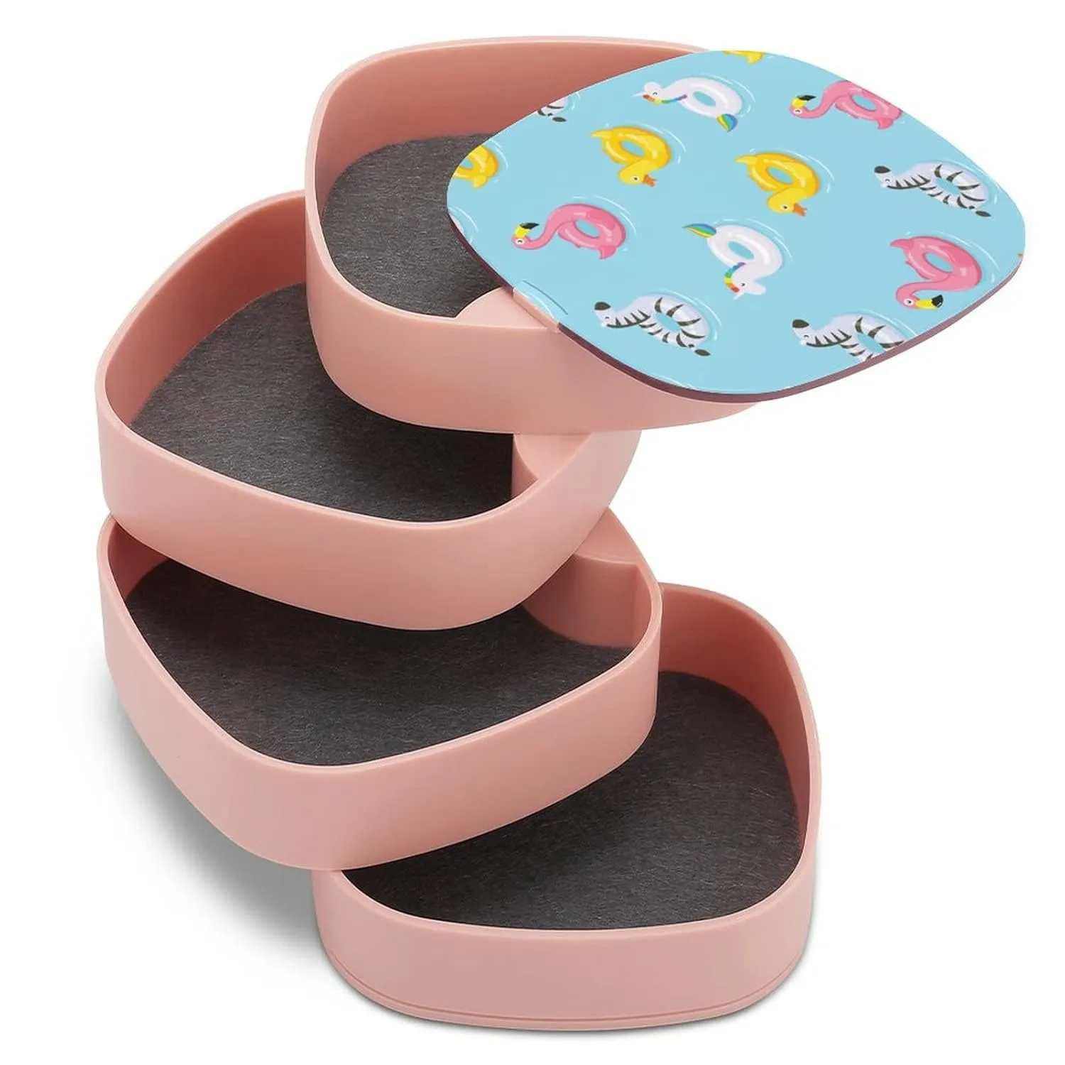 Inflatable Rubber Ducks Flamingos Unicorns Zebra on Turquoise Women Jewelry Box with Mirror, Storage Bag Case for Rings, Necklaces, Bracelets, 360 Degree Rotating 4-layer Tray with Lid