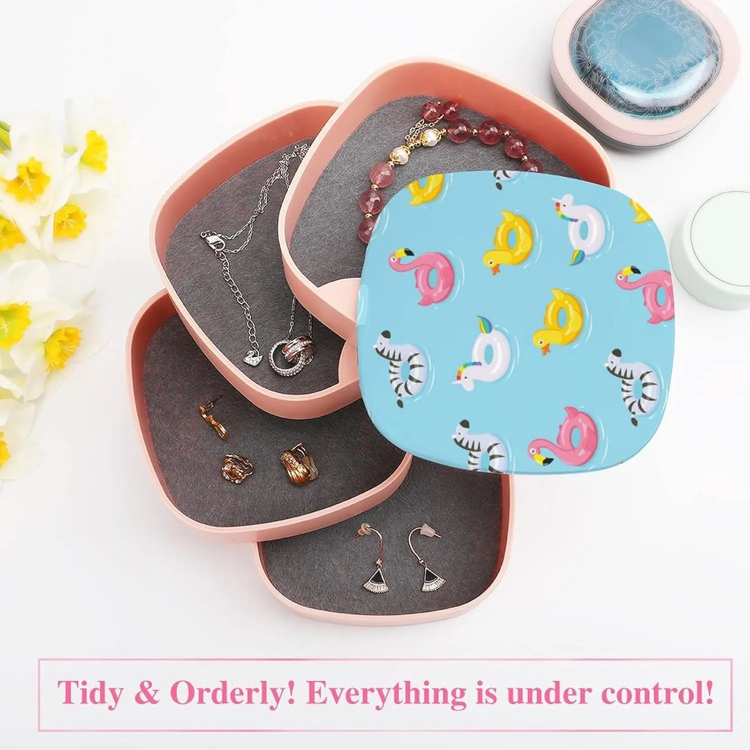 Inflatable Rubber Ducks Flamingos Unicorns Zebra on Turquoise Women Jewelry Box with Mirror, Storage Bag Case for Rings, Necklaces, Bracelets, 360 Degree Rotating 4-layer Tray with Lid