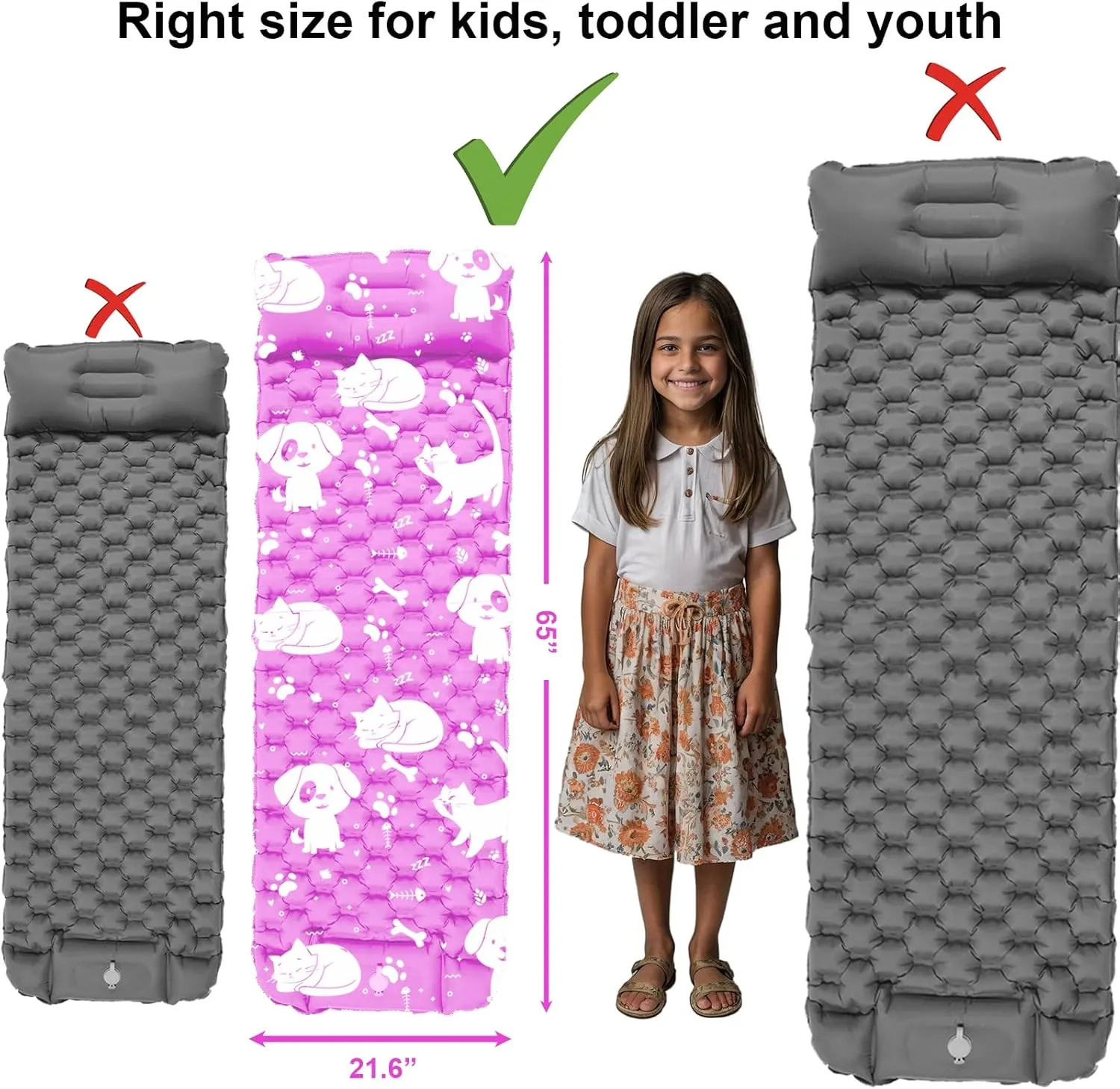 Inflatable Sleeping pad for Kids, Toddler and Youth | Air Mattress w Built-in Pump, 5’5” Ultralight Sleeping Mat with Pillow for Camping, Sleepovers & Travel | Airpad, Kids Cot, Camping Mattress -Pink