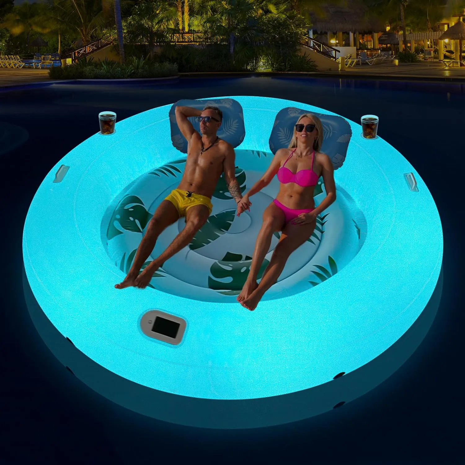 Inflatable Tanning Pool Lounger Float with Lights, Solar Giant Suntan Tub Pool Float Adults, 79'' x 79'' Extra Large Sunbathing Pool Lounge Raft Round Tanning Bed for Pool, Backyard, Lake.