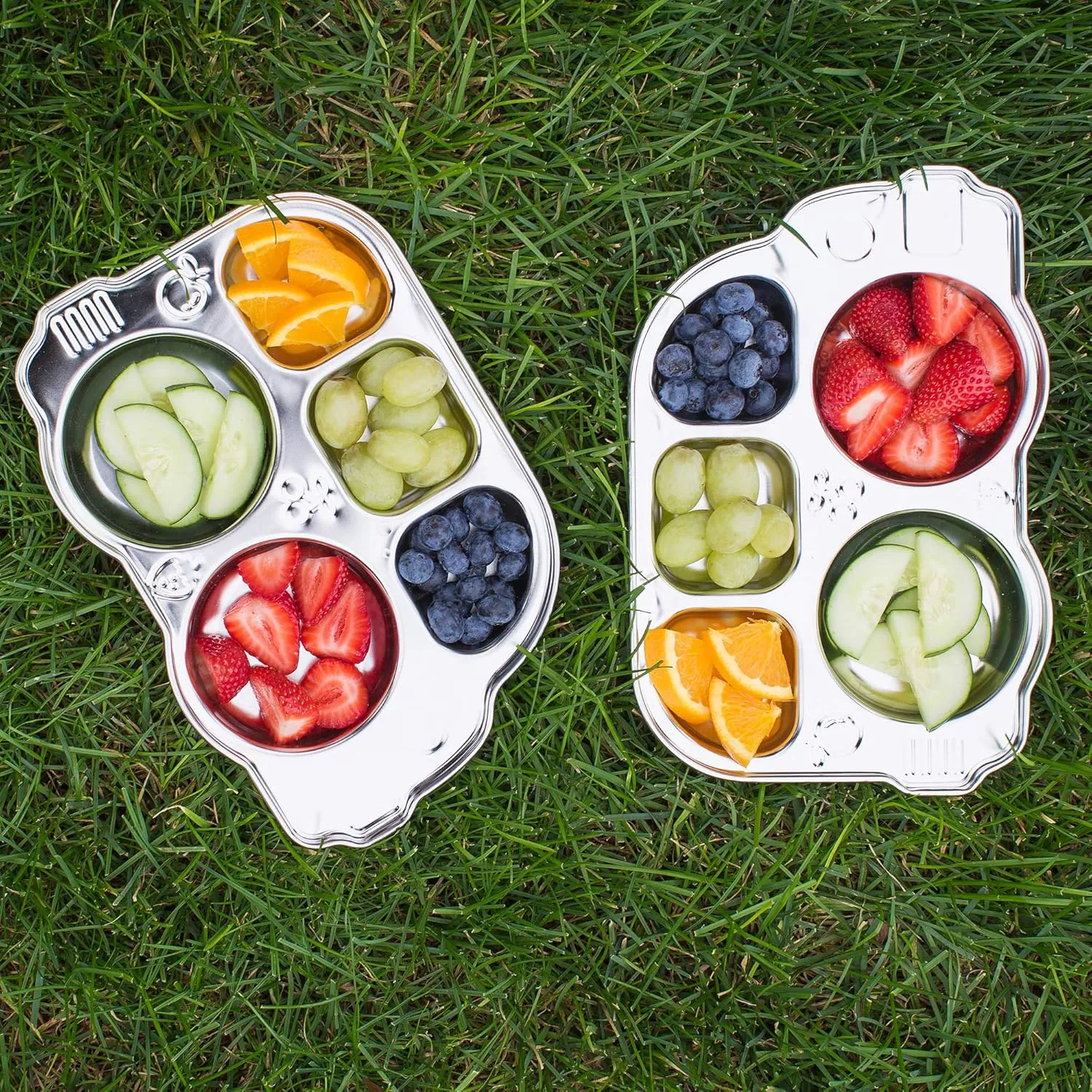 Innobaby Stainless Bus Plate with Sectional Lid, Leak-Resistant Divided Platter, Mom Invented Fun Shape Plate Din Din Smart for Babies, Toddlers and Kids, BPA Free, Green, 2 Pack