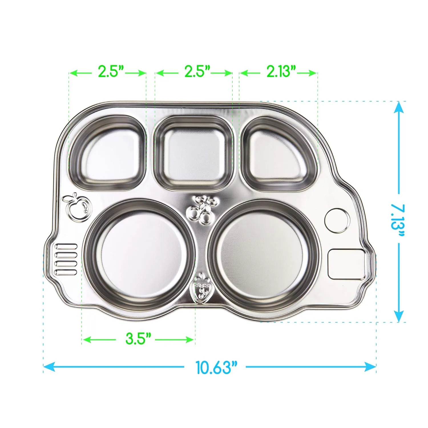 Innobaby Stainless Bus Plate with Sectional Lid, Leak-Resistant Divided Platter, Mom Invented Fun Shape Plate Din Din Smart for Babies, Toddlers and Kids, BPA Free, Green, 2 Pack