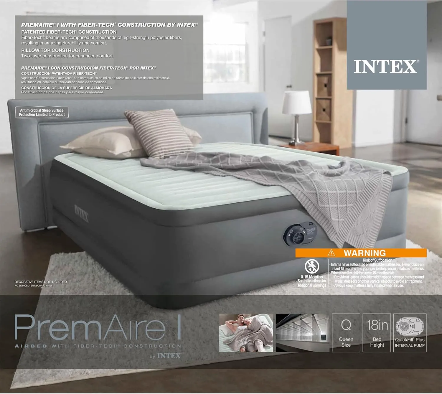 Intex PremAire I Fiber-Tech Elevated Dura Beam Lightweight Inflatable Home Pillowtop Airbed Mattress Electric Built-in Pump Portable Carry Bag, Queen