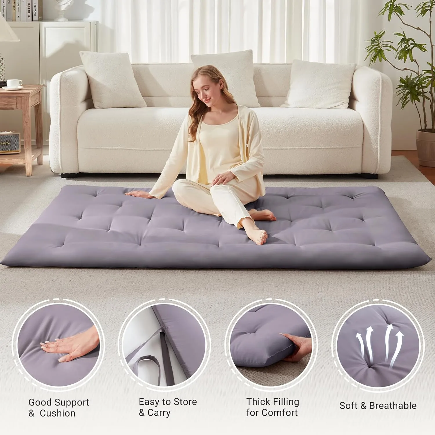 Japanese Floor Mattress, Futon Mattress Full Size 54"x 80", 2.56" Thicken Tatami Mattress, Portable Foldable Floor Bed, Roll Up Futon Cushion, Suitable for Camping Guest Room Dormitory (Grey)