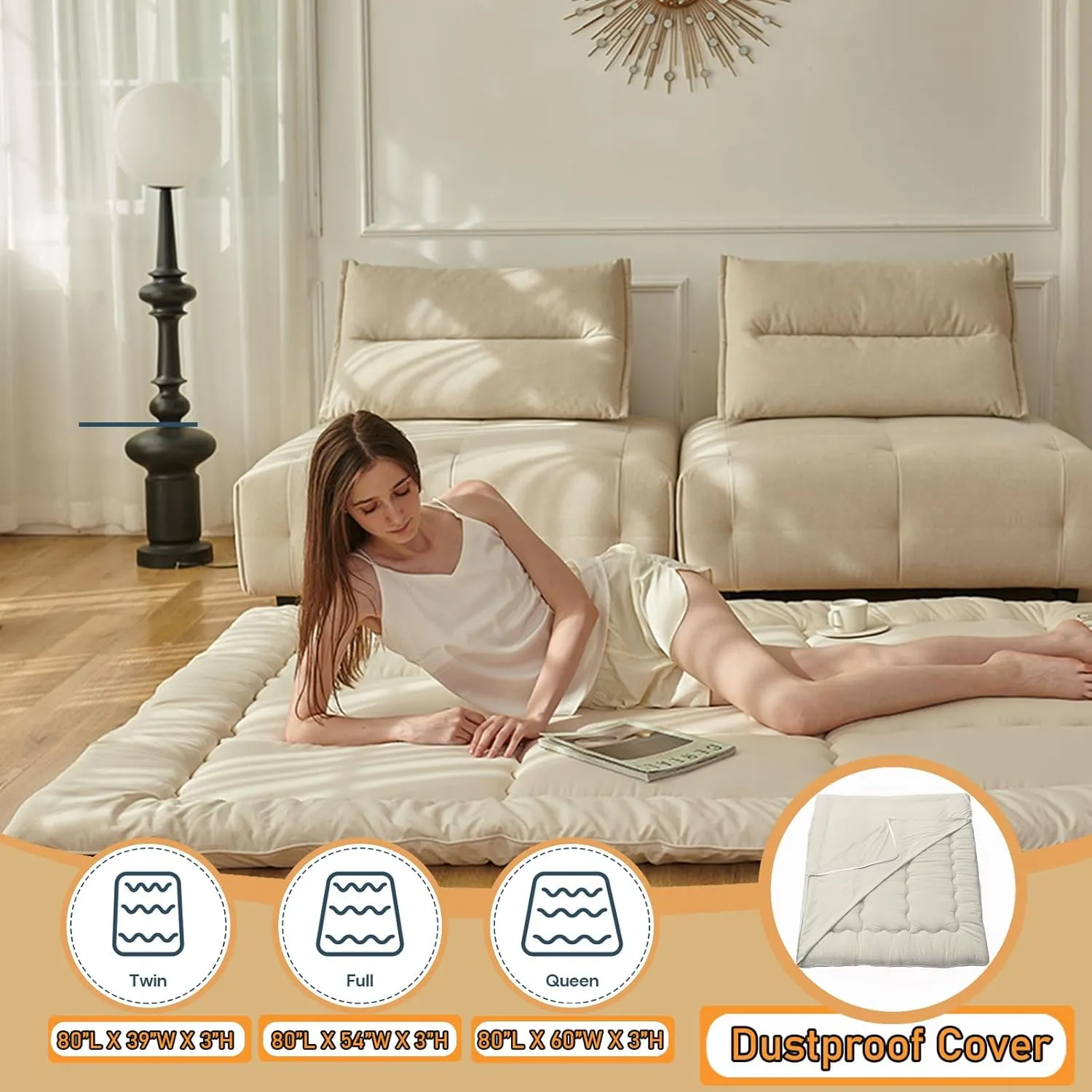 Japanese Floor Mattress Futon Mattress Twin Size (39"x80") Foldable Tatami Mattress Portable Roll Up Sleeping Pad for Adults,Guest Bed,Dormitory,Camping,Beige A