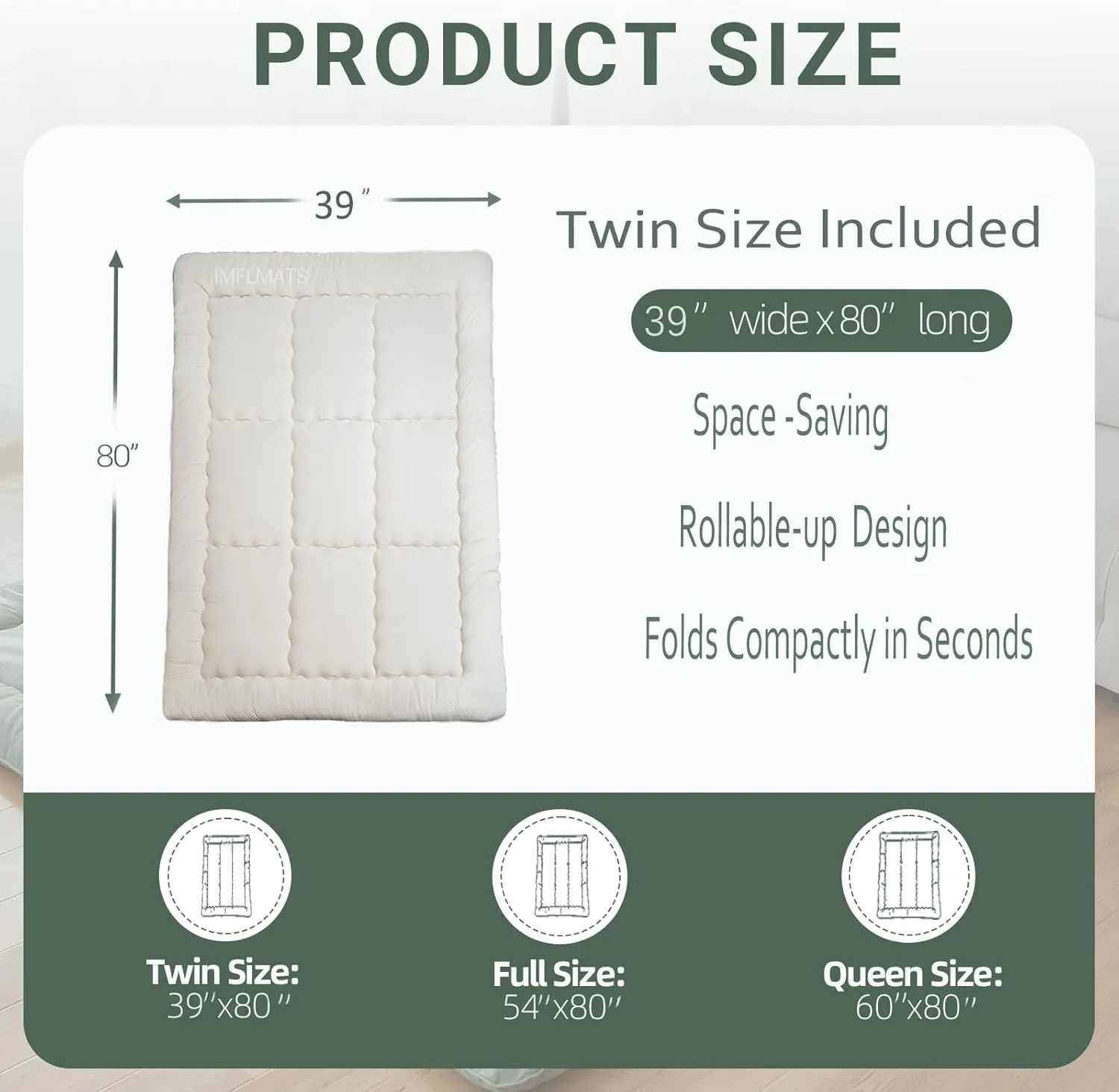 Japanese Floor Mattress Futon Mattress Twin Size (39"x80") Foldable Tatami Mattress Portable Roll Up Sleeping Pad for Adults,Guest Bed,Dormitory,Camping,Beige A