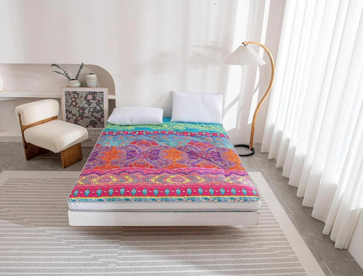 Japanese Foldable & Portable Sleeping Mattress - Thicken Roll Up Camping Mattress, Bohemia Blue Queen