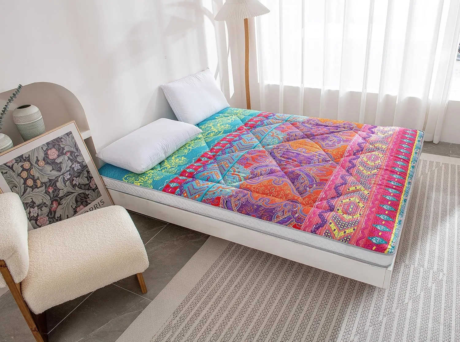 Japanese Foldable & Portable Sleeping Mattress - Thicken Roll Up Camping Mattress, Bohemia Blue Queen