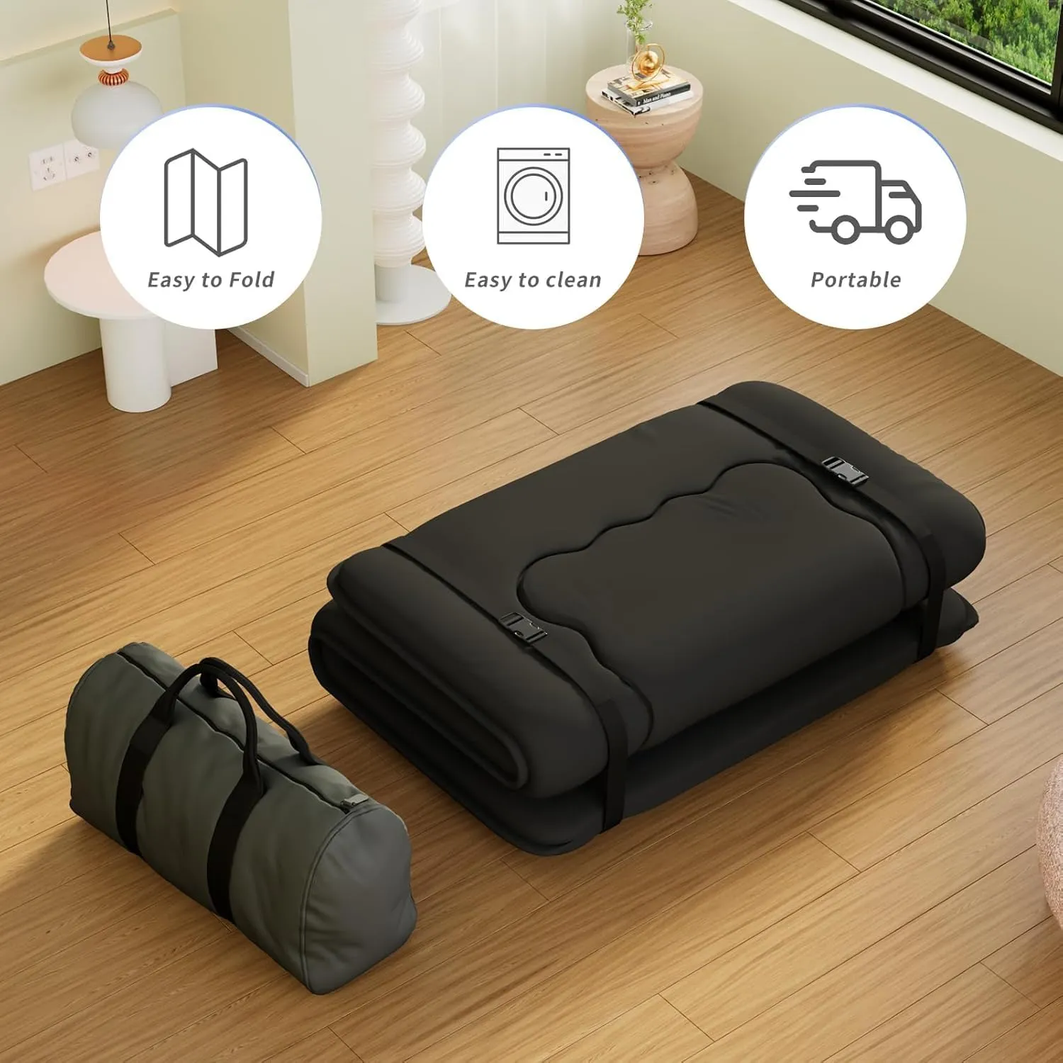 Japanese Futon Mattress, Foldable Tatami Mat Portable Dormitory Sleeping Pad with Bag & Strap, Floor Mattress Thicken Sleeping Mattress Roll up Camping Mattress (Black WS1, 48"X80")