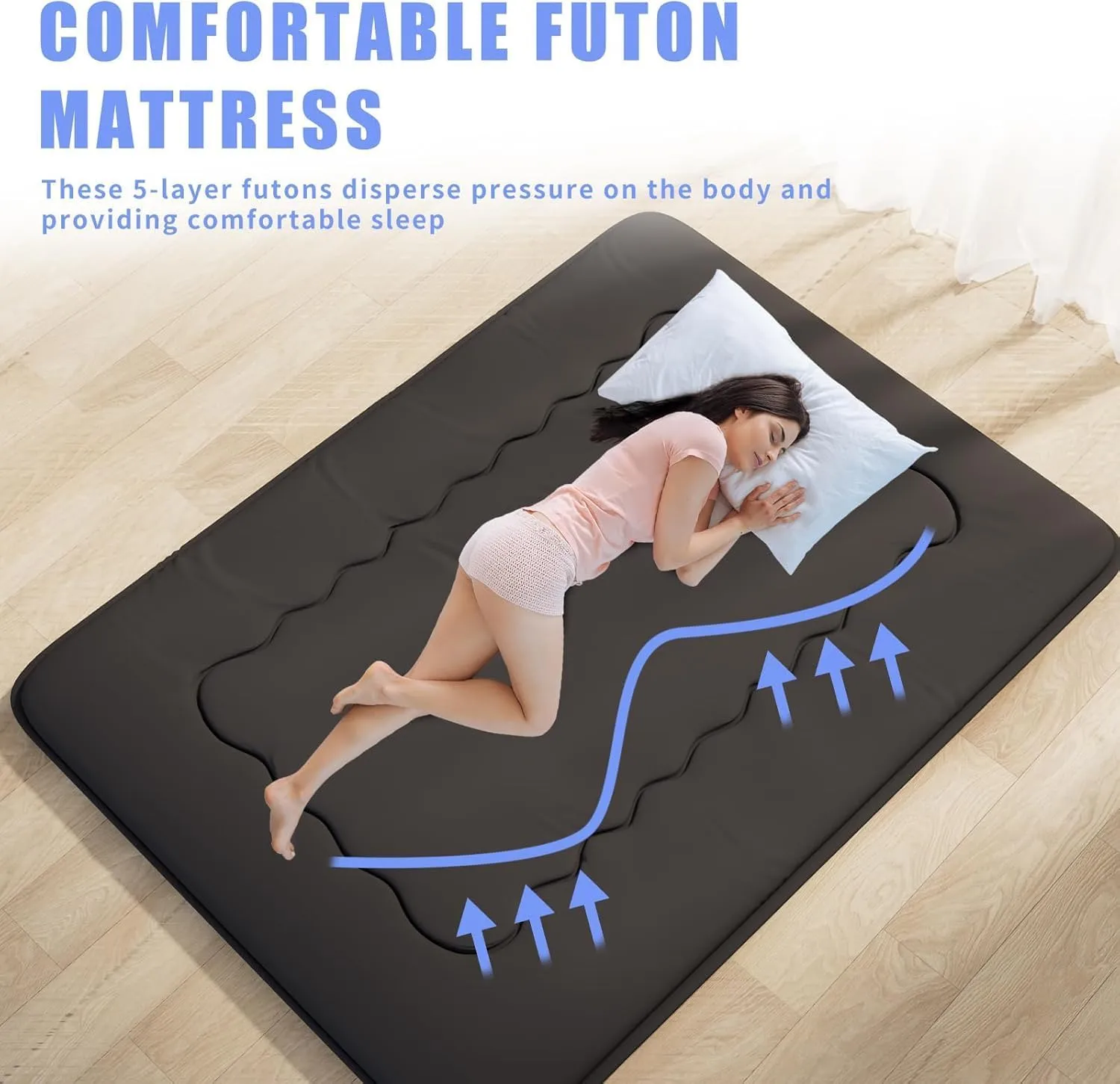 Japanese Futon Mattress, Foldable Tatami Mat Portable Dormitory Sleeping Pad with Bag & Strap, Floor Mattress Thicken Sleeping Mattress Roll up Camping Mattress (Black WS1, 48"X80")