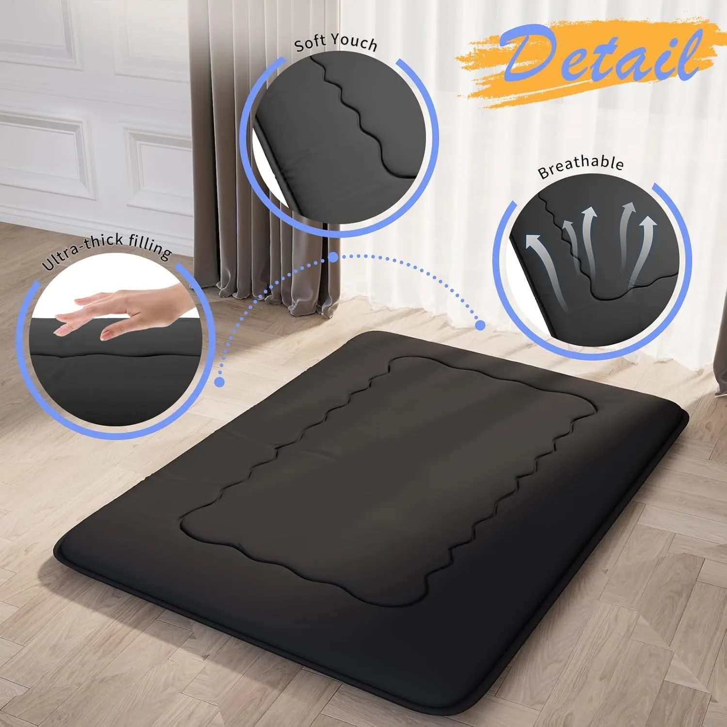 Japanese Futon Mattress, Foldable Tatami Mat Portable Dormitory Sleeping Pad with Bag & Strap, Floor Mattress Thicken Sleeping Mattress Roll up Camping Mattress (Black WS1, 48"X80")