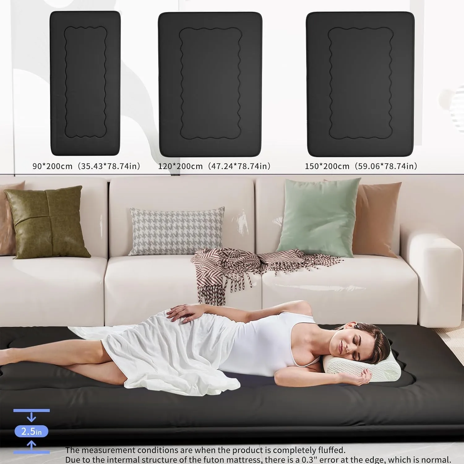 Japanese Futon Mattress, Foldable Tatami Mat Portable Dormitory Sleeping Pad with Bag & Strap, Floor Mattress Thicken Sleeping Mattress Roll up Camping Mattress (Black WS1, 48"X80")
