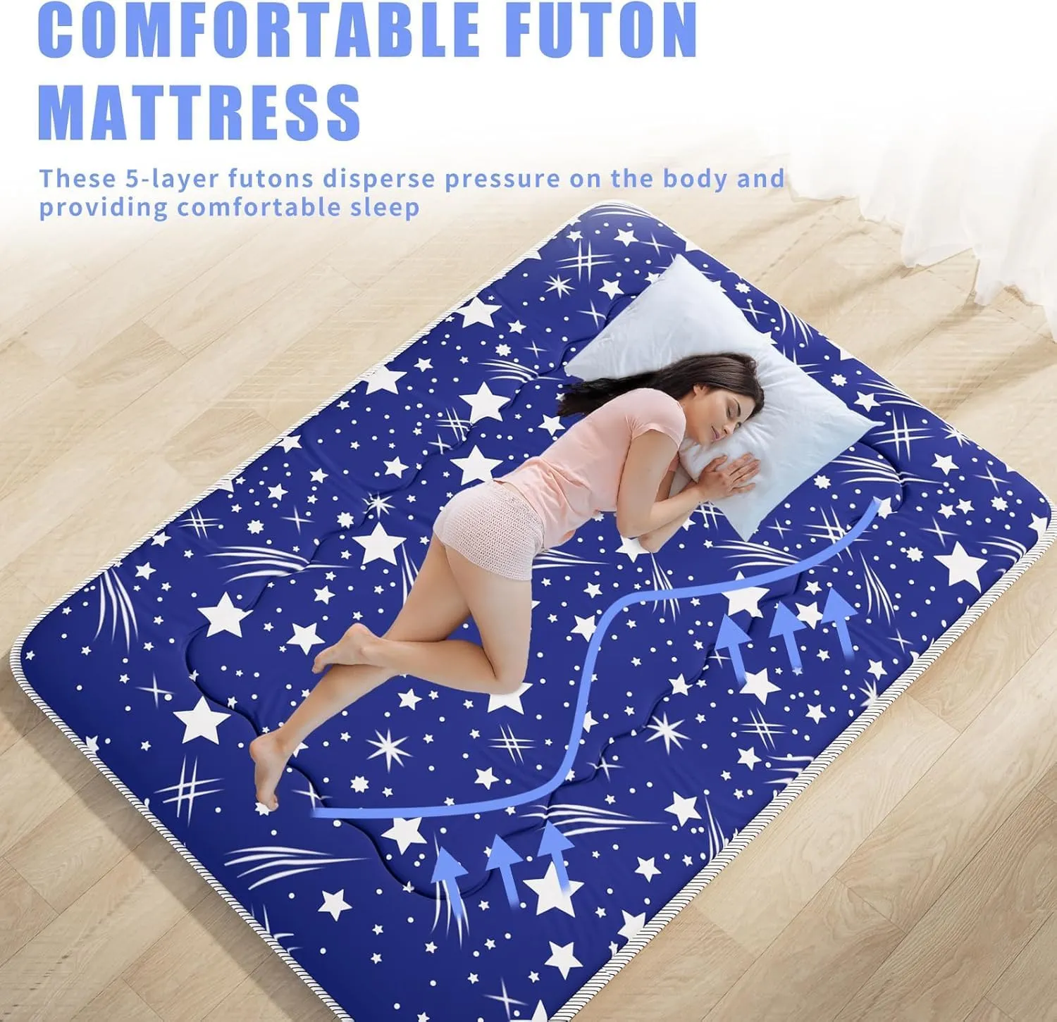 Japanese Futon Mattress, Foldable Tatami Mat Portable Dormitory Sleeping Pad with Bag & Strap, Floor Mattress Thicken Sleeping Roll up Camping (Blue WS1,39" X80")