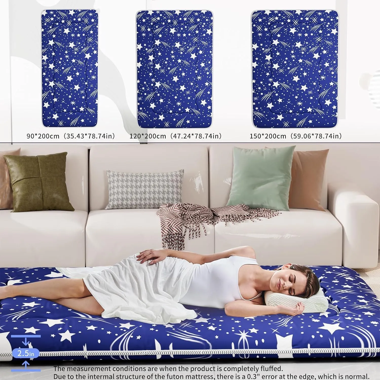 Japanese Futon Mattress, Foldable Tatami Mat Portable Dormitory Sleeping Pad with Bag & Strap, Floor Mattress Thicken Sleeping Roll up Camping (Blue WS1,39" X80")