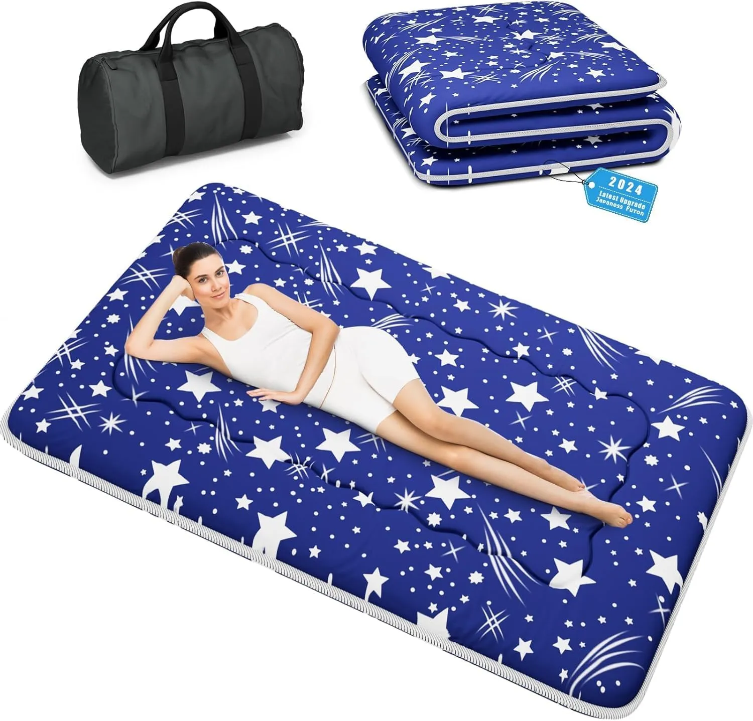 Japanese Futon Mattress, Foldable Tatami Mat Portable Dormitory Sleeping Pad with Bag & Strap, Floor Mattress Thicken Sleeping Roll up Camping (Blue WS1,39" X80")
